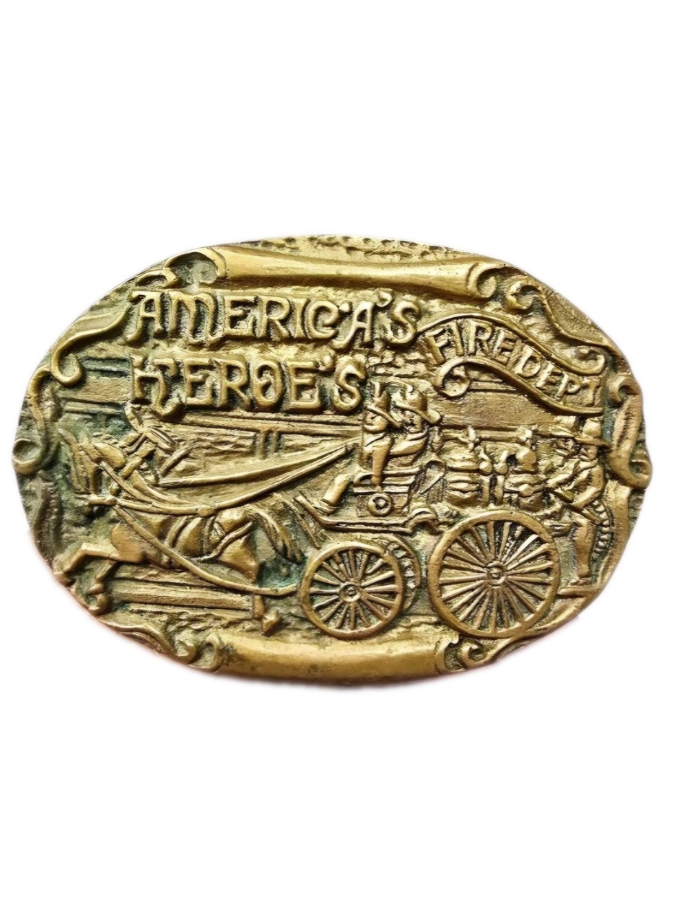 Vintage Solid Brass America’s Heroes Fire Dept Belt Buckle Horse Drawn Carriage